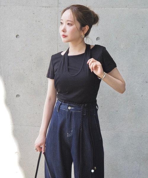LAULEN(ローレン)の「halter neck layered tops /ホルターネックレイヤード半袖トップス(Tシャツ/カットソー・レディース・ホワイト/ブラック・FREE)」の2枚目の写真