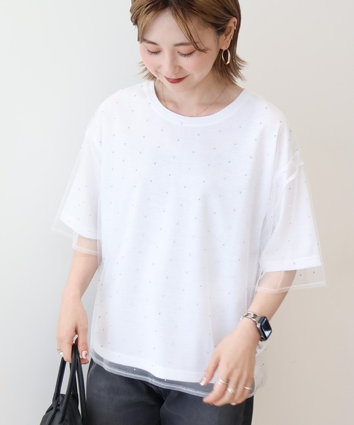 ショッピングバッグ付き　LOHEN チュールレイヤードプリントTシャツ rectangle tシャツ チュールレイヤードTシャツ レディース