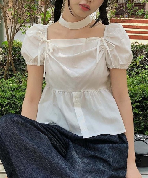 MAISON DE THERESE（メゾン ド テレーズ）の「パフスリーブリボンギャザーブラウス（シャツ/ブラウス・レディース・ブラック/ホワイト・FREE）」の4枚目の写真