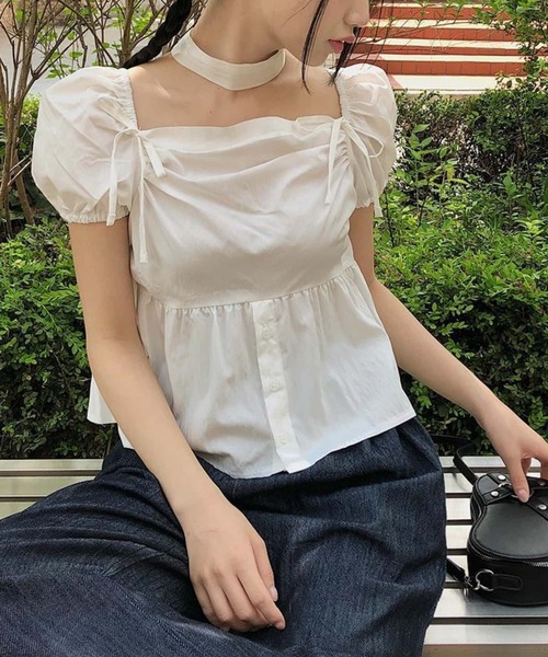 MAISON DE THERESE（メゾン ド テレーズ）の「パフスリーブリボンギャザーブラウス（シャツ/ブラウス・レディース・ブラック/ホワイト・FREE）」の3枚目の写真
