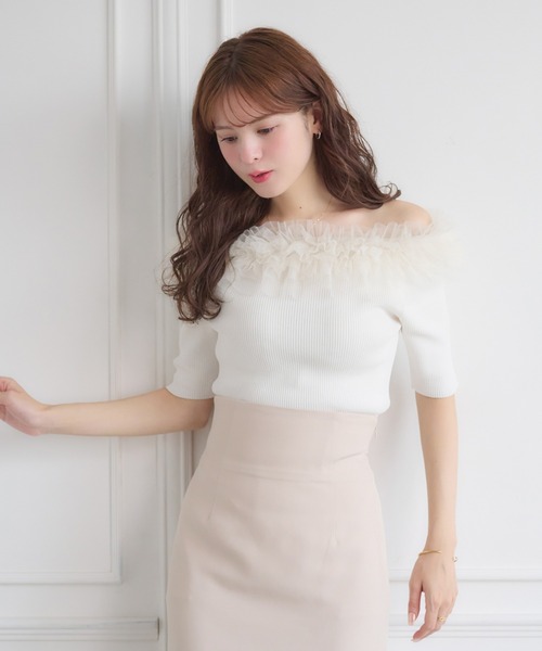 Ambre Neige(アンブルネージュ)の「frill tulle knit / フリルチュールニット(ニット/セーター・レディース・ブルー/オフホワイト/チャコールグレー・FREE)」の1枚目の写真