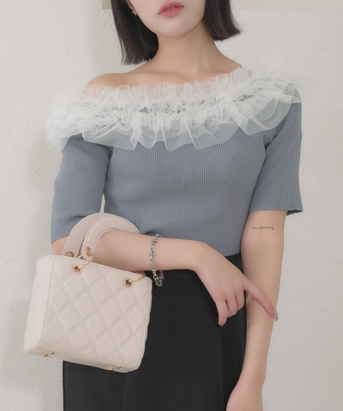 Ambre Neige(アンブルネージュ)の「frill tulle knit / フリルチュールニット(ニット/セーター・レディース・ブルー/オフホワイト/チャコールグレー・FREE)」の3枚目の写真