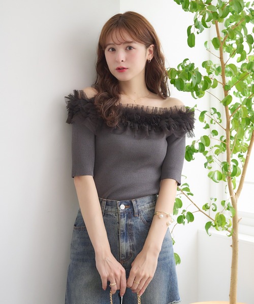 Ambre Neige(アンブルネージュ)の「frill tulle knit / フリルチュールニット(ニット/セーター・レディース・ブルー/オフホワイト/チャコールグレー・FREE)」の14枚目の写真