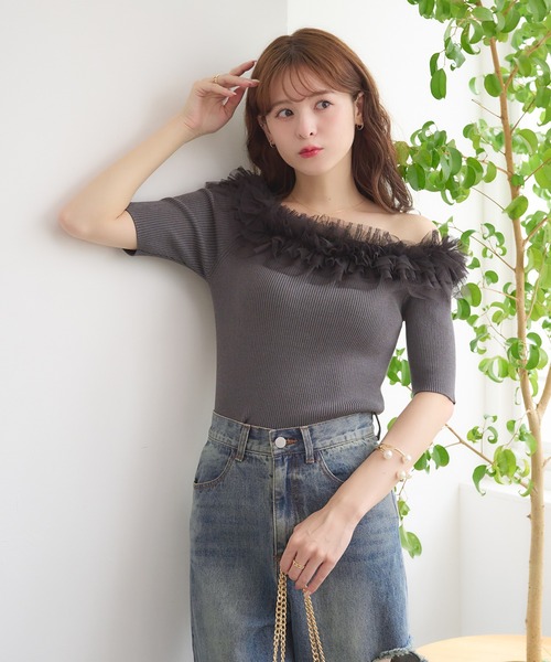 Ambre Neige(アンブルネージュ)の「frill tulle knit / フリルチュールニット(ニット/セーター・レディース・ブルー/オフホワイト/チャコールグレー・FREE)」の15枚目の写真