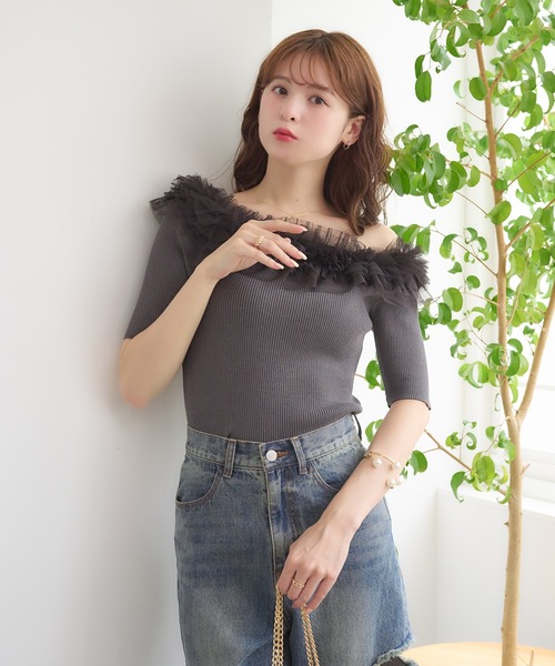 Ambre Neige(アンブルネージュ)の「frill tulle knit / フリルチュールニット(ニット/セーター・レディース・ブルー/オフホワイト/チャコールグレー・FREE)」の17枚目の写真