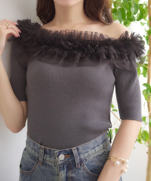 Ambre Neige(アンブルネージュ)の「frill tulle knit / フリルチュールニット(ニット/セーター・レディース・ブルー/オフホワイト/チャコールグレー・FREE)」の19枚目の写真
