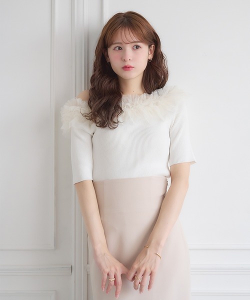 Ambre Neige(アンブルネージュ)の「frill tulle knit / フリルチュールニット(ニット/セーター・レディース・ブルー/オフホワイト/チャコールグレー・FREE)」の5枚目の写真