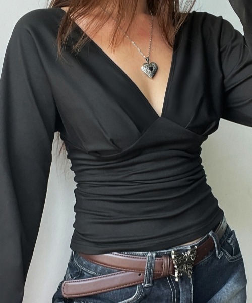 セール】【Y2Kガーリー】Vネックウエストシェイプ長袖トップス（シャツ
