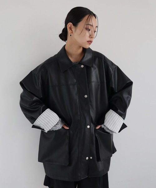 【値下げ】CHAROL フェイクレザーカバーオール レザージャケット ブラック フェイクレザーカバーオール（ライダースジャケット）｜hellam