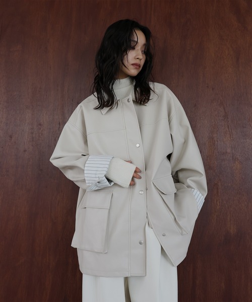 hellam（へラム）の「フェイクレザーカバーオール（ライダース