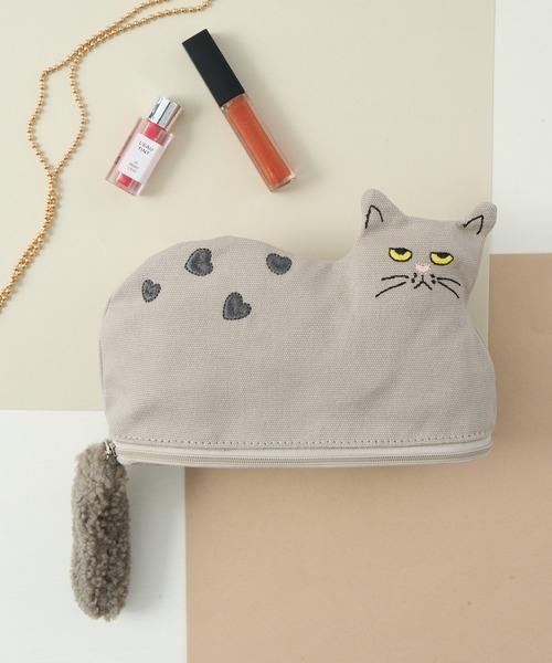 セール】【cache cache】ネコ刺繍ポーチ マチあり 自立型 ファー付