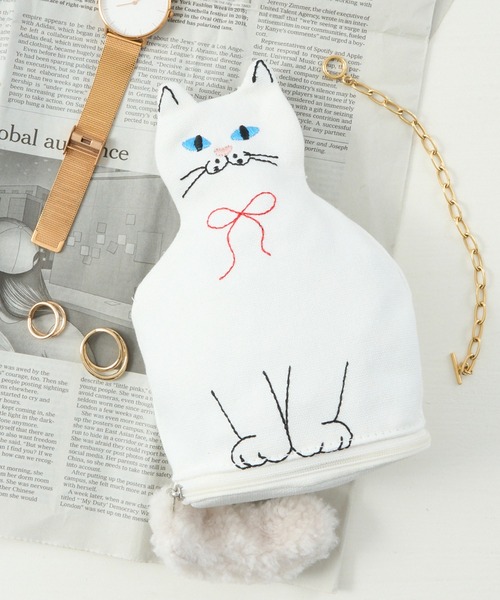 セール】【cache cache】ネコ刺繍ポーチ マチあり 自立型 ファー付