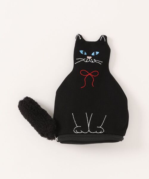 セール】【cache cache】ネコ刺繍ポーチ マチあり 自立型 ねこ 黒猫 白