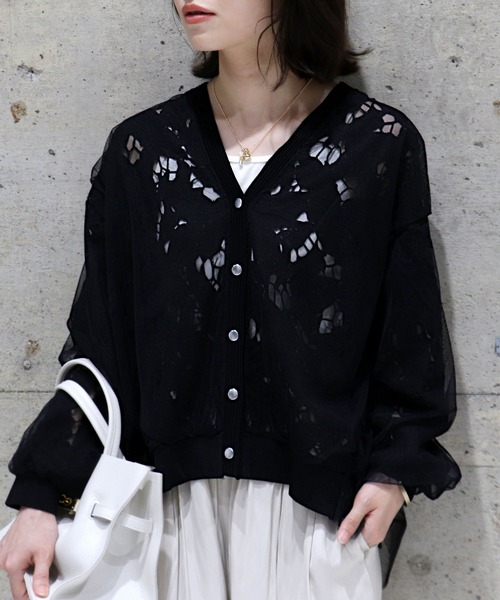 Jines(ジネス)の「レース×チュールカーディガン【WEB限定】(カーディガン/ボレロ・レディース・ホワイト/ブラック・38)」の2枚目の写真