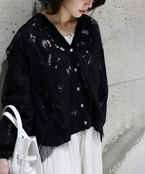 Jines(ジネス)の「レース×チュールカーディガン【WEB限定】(カーディガン/ボレロ・レディース・ホワイト/ブラック・38)」の10枚目の写真