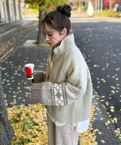 LAULEN（ローレン）の「jacquard double zip knit /スタンドカラージャガード柄ダブルジップニット（ニット/セーター・レディース・アイボリー/ベージュ/ブラック・FREE）」の4枚目の写真