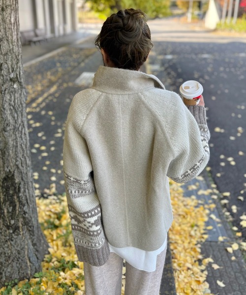 LAULEN（ローレン）の「jacquard double zip knit /スタンドカラージャガード柄ダブルジップニット（ニット/セーター・レディース・アイボリー/ベージュ/ブラック・FREE）」の5枚目の写真