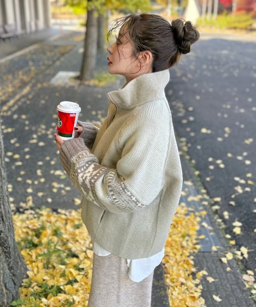 LAULEN（ローレン）の「jacquard double zip knit /スタンドカラージャガード柄ダブルジップニット（ニット/セーター・レディース・アイボリー/ベージュ/ブラック・FREE）」の7枚目の写真