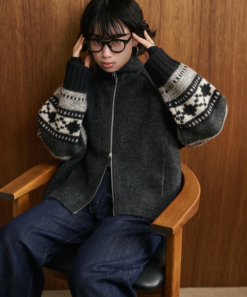 LAULEN（ローレン）の「jacquard double zip knit /スタンドカラージャガード柄ダブルジップニット（ニット/セーター・レディース・アイボリー/ベージュ/ブラック・FREE）」の10枚目の写真