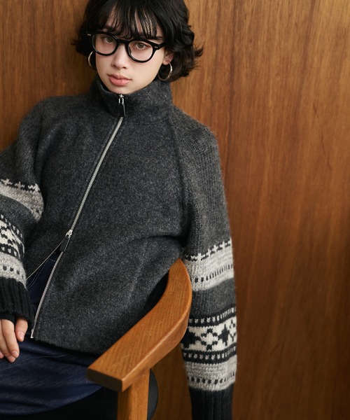 LAULEN（ローレン）の「jacquard double zip knit /スタンドカラージャガード柄ダブルジップニット（ニット/セーター・レディース・アイボリー/ベージュ/ブラック・FREE）」の11枚目の写真
