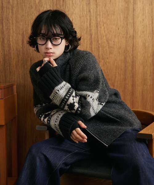 LAULEN（ローレン）の「jacquard double zip knit /スタンドカラージャガード柄ダブルジップニット（ニット/セーター・レディース・アイボリー/ベージュ/ブラック・FREE）」の13枚目の写真