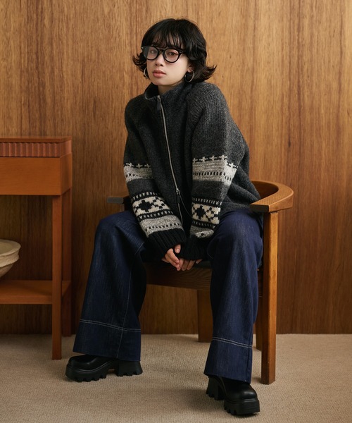 LAULEN（ローレン）の「jacquard double zip knit /スタンドカラージャガード柄ダブルジップニット（ニット/セーター・レディース・アイボリー/ベージュ/ブラック・FREE）」の14枚目の写真