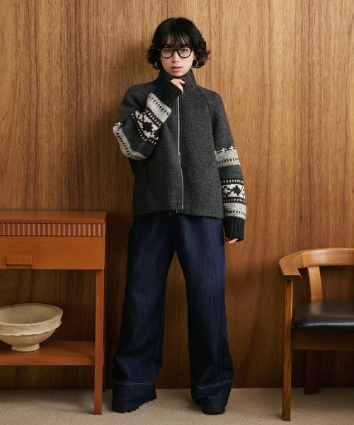 LAULEN（ローレン）の「jacquard double zip knit /スタンドカラージャガード柄ダブルジップニット（ニット/セーター・レディース・アイボリー/ベージュ/ブラック・FREE）」の20枚目の写真