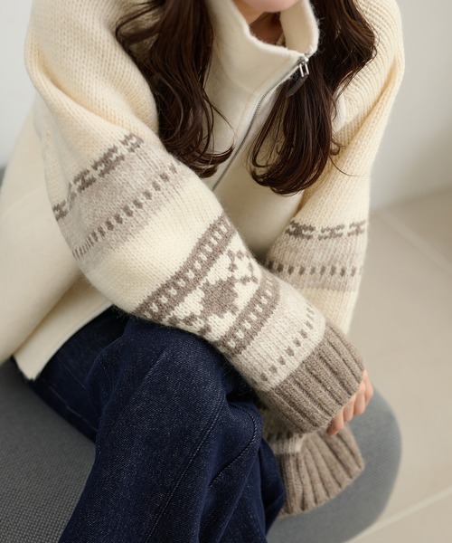 LAULEN（ローレン）の「jacquard double zip knit /スタンドカラージャガード柄ダブルジップニット（ニット/セーター・レディース・アイボリー/ベージュ/ブラック・FREE）」の22枚目の写真