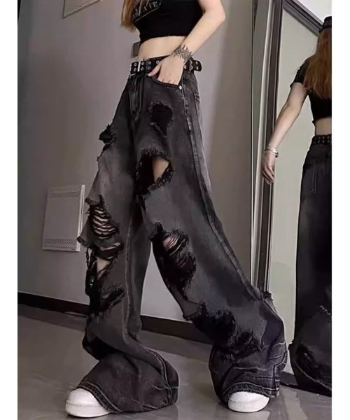.KOM(ドットコム)の「A'GEM/9 × .kom 『.KOM/ドットケーオーエム』 Grunge Style Baggy Distressed Jeans/グランジスタイル ダメージバギーデニム(デニムパンツ・レディース・ブラック・S/M)」の3枚目の写真