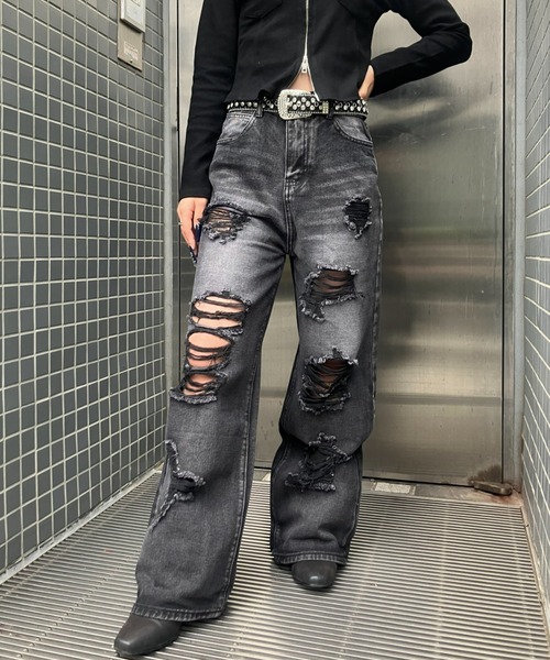 .KOM(ドットコム)の「A'GEM/9 × .kom 『.KOM/ドットケーオーエム』 Grunge Style Baggy Distressed Jeans/グランジスタイル ダメージバギーデニム(デニムパンツ・レディース・ブラック・S/M)」の5枚目の写真