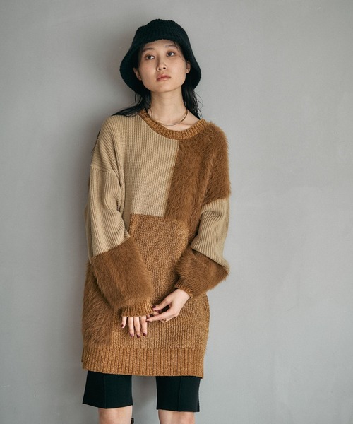 LEPSIM（レプシィム）の「パッチワークニットチュニック　600816（ニット/セーター・レディース・グレー/グレイッシュベージュ/キャメル・FREE）」の3枚目の写真
