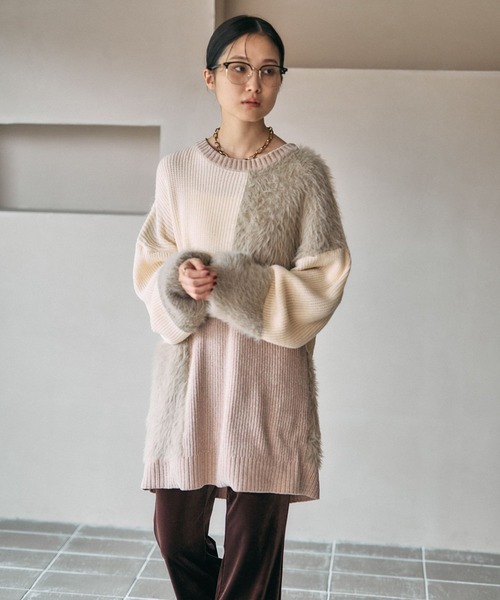 LEPSIM（レプシィム）の「パッチワークニットチュニック　600816（ニット/セーター・レディース・グレー/グレイッシュベージュ/キャメル・FREE）」の2枚目の写真