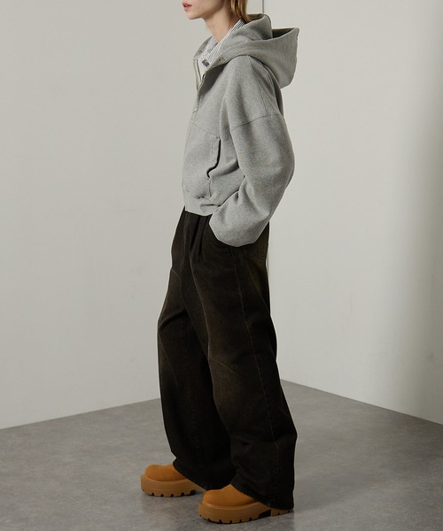 Alfred Alex(アルフレッドアレックス)の「【Alfred Alex】スタッズショートダブルジップパーカー(パーカー・レディース・杢グレー/ブラウン/スミクロ・L/M)」の7枚目の写真