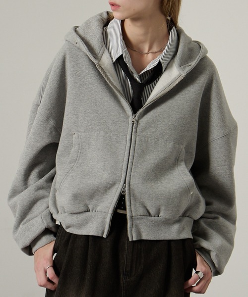 Alfred Alex(アルフレッドアレックス)の「【Alfred Alex】スタッズショートダブルジップパーカー(パーカー・レディース・杢グレー/ブラウン/スミクロ・L/M)」の10枚目の写真