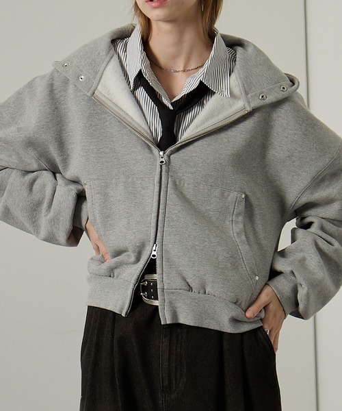 Alfred Alex(アルフレッドアレックス)の「【Alfred Alex】スタッズショートダブルジップパーカー(パーカー・レディース・杢グレー/ブラウン/スミクロ・L/M)」の12枚目の写真