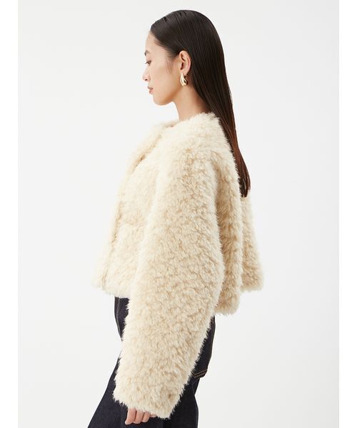 セール】金釦フェイクファー短丈ジャケット（ノーカラージャケット