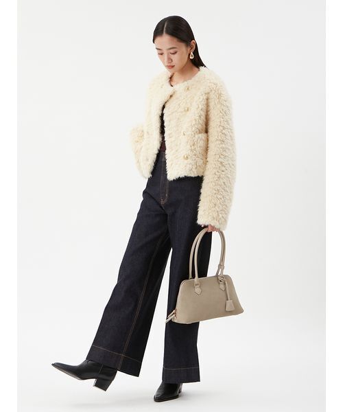 セール】金釦フェイクファー短丈ジャケット（ノーカラージャケット