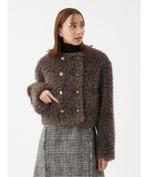 金釦フェイクファー短丈ジャケット セール】金釦フェイクファー短丈ジャケット（ノーカラージャケット