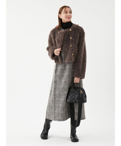 セール】金釦フェイクファー短丈ジャケット（ノーカラージャケット