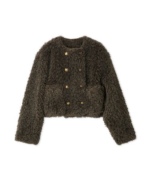 セール】金釦フェイクファー短丈ジャケット（ノーカラージャケット