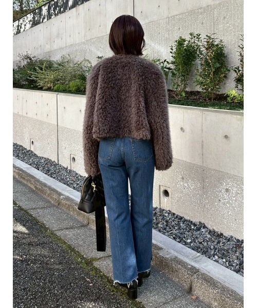 セール】金釦フェイクファー短丈ジャケット（ノーカラージャケット