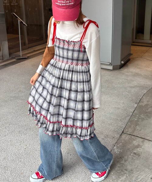 HELLO.SANFRANCISCO（ハローサンフランシスコ）の「★【HELLO.SANFRANCISCO/ハローサンフランシスコ】チェックベロアシャーリングチュニック（ワンピース・レディース・ブルー/グレー/オレンジ/ベージュ・ONE SIZE）」の2枚目の写真