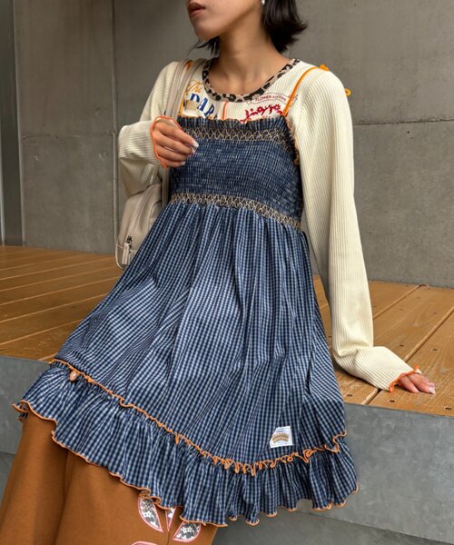 HELLO.SANFRANCISCO（ハローサンフランシスコ）の「★【HELLO.SANFRANCISCO/ハローサンフランシスコ】チェックベロアシャーリングチュニック（ワンピース・レディース・ブルー/グレー/オレンジ/ベージュ・ONE SIZE）」の3枚目の写真