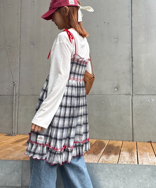 HELLO.SANFRANCISCO（ハローサンフランシスコ）の「★【HELLO.SANFRANCISCO/ハローサンフランシスコ】チェックベロアシャーリングチュニック（ワンピース・レディース・ブルー/グレー/オレンジ/ベージュ・ONE SIZE）」の5枚目の写真