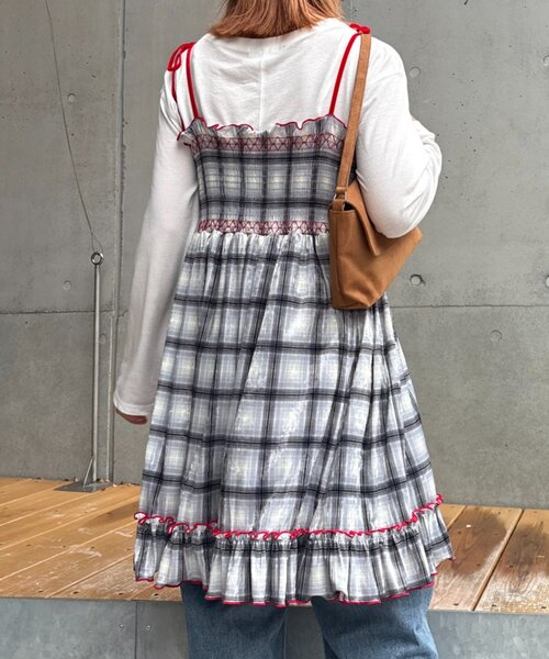 HELLO.SANFRANCISCO（ハローサンフランシスコ）の「★【HELLO.SANFRANCISCO/ハローサンフランシスコ】チェックベロアシャーリングチュニック（ワンピース・レディース・ブルー/グレー/オレンジ/ベージュ・ONE SIZE）」の6枚目の写真