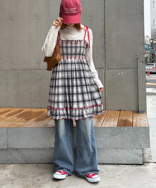 HELLO.SANFRANCISCO（ハローサンフランシスコ）の「★【HELLO.SANFRANCISCO/ハローサンフランシスコ】チェックベロアシャーリングチュニック（ワンピース・レディース・ブルー/グレー/オレンジ/ベージュ・ONE SIZE）」の8枚目の写真