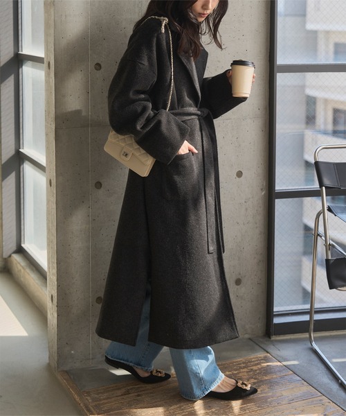 セール】ウエストリボンデザインロングガウンコート（チェスターコート