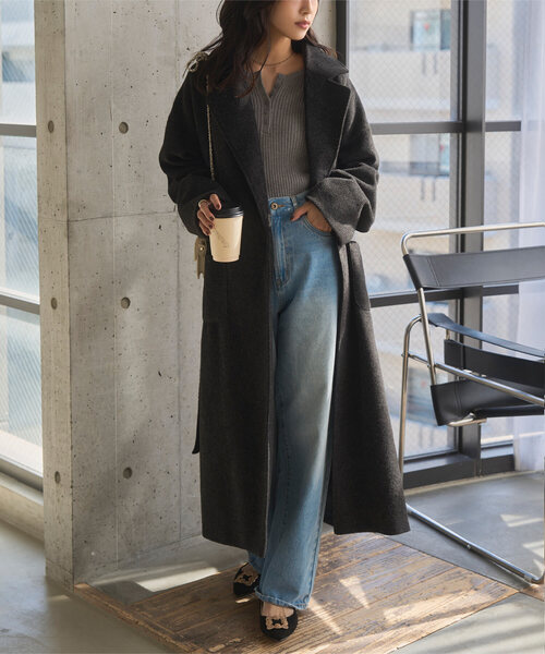 セール】ウエストリボンデザインロングガウンコート（チェスターコート