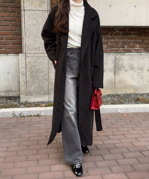 KOBE LETTUCE(コウベレタス)の「ウエストリボンデザインロングガウンコート(チェスターコート・レディース・アイボリー系/ブラック・M)」の6枚目の写真