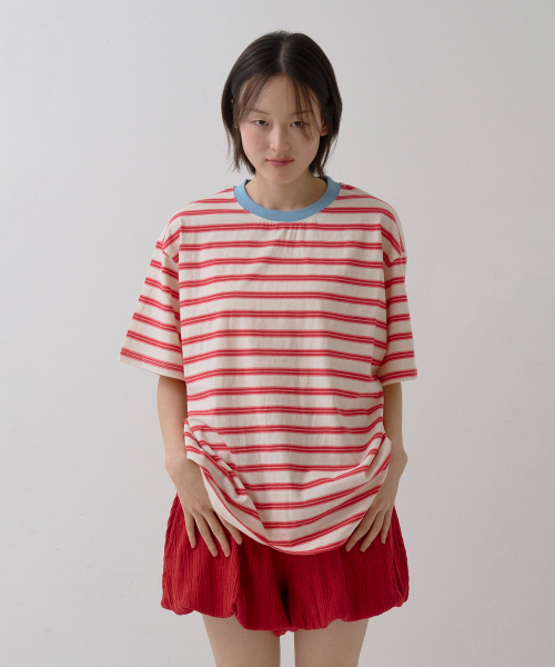 SAYUU(サユ)の「ストライプビスケット半袖Tシャツレッド(Tシャツ/カットソー・レディース・レッド・FREE)」の5枚目の写真